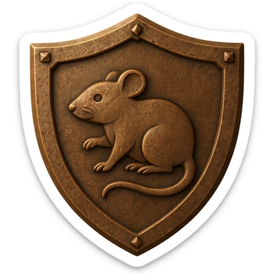 Transform the diamond shield into a bronze shield with a slightly worn texture. Change the bird engraving in the center to a rat engraving. The style should resemble emoji style with a transparent background. sticker
