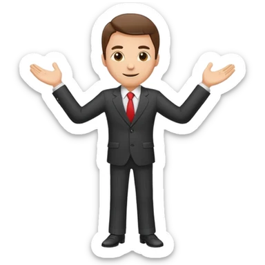 Sticker of a man in a business suit, front view, arms extended forward, friendly expression, clean cartoon style, bold outlines, minimal background, emoji sticker style sticker