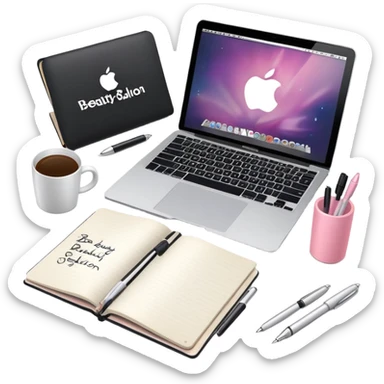 top view of a MacBook and a notebook with a pen nearby, notebook with visible notes, MacBook screen showing a beauty salon logo sticker