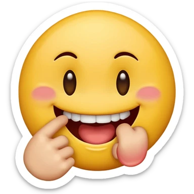 Yellow emoji biting finger, grinning and blushing sticker