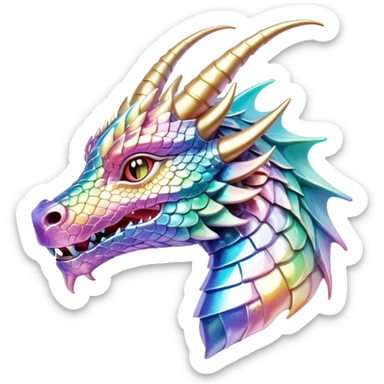 Sparkly glossy Pastel iridescent glass dragon head profile, 2 horns sticker