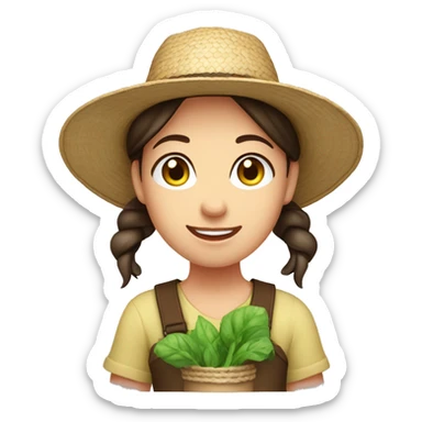 farmer girl, blue eyes, dark brown hair, with a straw hat, ponytail, holding greens sticker