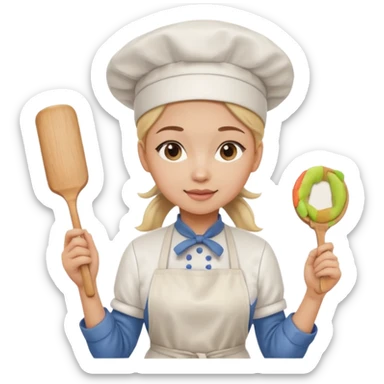 Young female pastry chef - single ponytail, apron, wearing a white hat, holding a rolling pin sticker