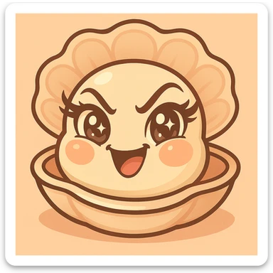 Enhance the contrasts of the image further while preserving the very mischievous expression, very expressive and luminous eyes, elegant eyelashes, and the pastel toon style. Accentuate the pastel, pearly, cream, peach, and greige nuances strongly. Keep the big shell, the small oyster, and the background as is. sticker