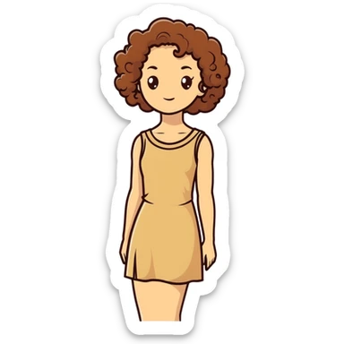 white woman with curly brown hair wearing a beige dress sticker