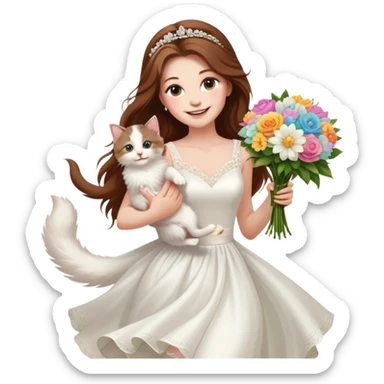 White woman - long hair - white wedding dress - holding a kitten - happy - jumping - fashionable - elegant - bouquet - dreamy - colorful - pearl accessories sticker