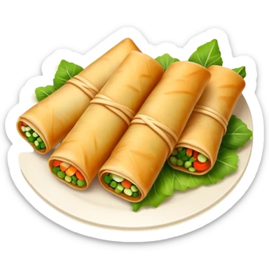 Cinematic Realistic Spring Rolls Dish Emoji, featuring golden, crispy rolls filled with fresh vegetables rendered with detailed textures and warm natural lighting. sticker