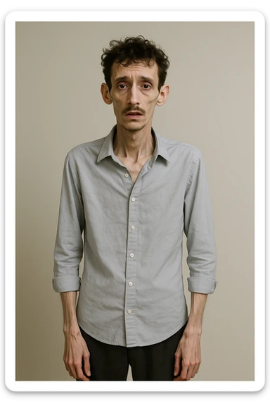 uomo che ha perso massa ed è piatto muscolarmente, lui è in piedi e si vede il fisico debilitato sticker