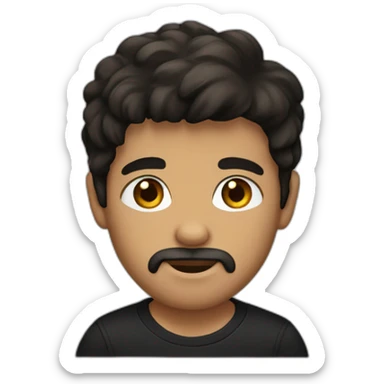 Dark-haired boy with a beard, brown eyes and a black T-shirt sticker