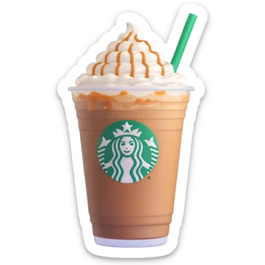 Starbucks iced latte in plastic cup with whipped cream and caramel drizzle sticker