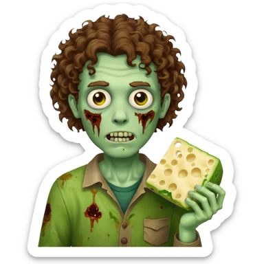 curly hair man zombie holding moldy cheese piece sticker