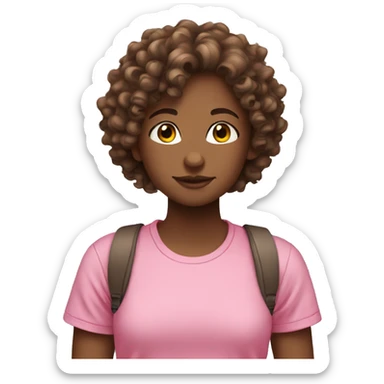 Curly girl with brown hair and pink t-shirt sticker