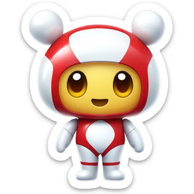 Very shiny full body character with pill capsule head with retro antennae and jetsons aesthetic sailor moon eyes  puffy body and welcoming waving arms Japanese animation inspired Anpanman with big boots and antennae red and white colors only sticker