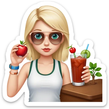 girl with long blond pig tailed hair
with blue eyes
and aviator sunglasses
wearing white tank top 
holding bloody mary
wearing (rose gold apple watch with forest green band) sticker