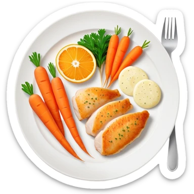 A plate with chicken, fish fillet, and bright orange carrots, with vitamin A nutrition labels sticker