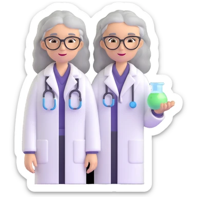 woman science teacher with long graying hair, wearing a lab coat sticker