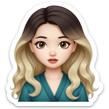 pale skin, girly bratz ASIAN vietnam baddie, dark brown eyes, pretty makeup, long dark to light ombré colored hair, wavy hair sticker