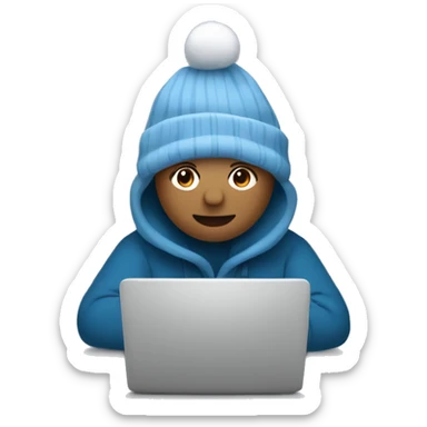 A minimalistic cartoon emoji: person behind gray laptop, festive New Year theme, gray-blue tones, snowflakes sticker