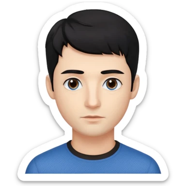 Man. With black hair. Hairstyle texture krop. The skin is beige. One eye is brown, the other is blue. The lips are not big. Beautiful nose. sticker