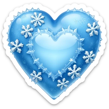 An ice blue heart with frost and ice crystals covering it sticker