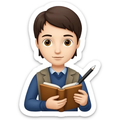 writer holding pen and book sticker
