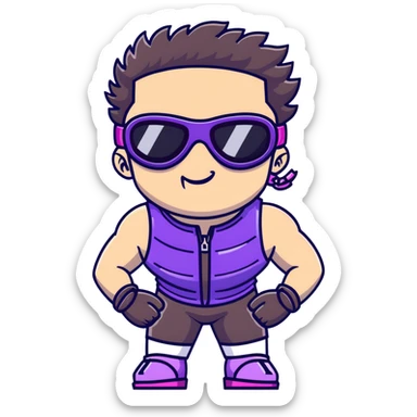 close-up of bad guy male athlete with white skin and moderately curly dark brown hair on top with shaved sides, wearing ski goggles with purple frames and very dark black lenses, a simple plain black chain necklace, and a completely unzipped sleeveless vest with purple and black sequin fire pattern design with no logo, pulling his tongue out very far in an exaggerated mocking gesture, looking menacing and villainous sticker