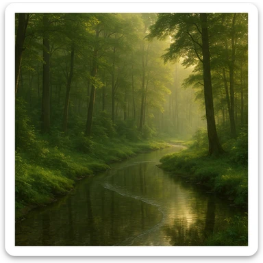 realistic 1920x1080 forest landscape in early morning, dense trees, clear stream winding through foreground, soft golden morning light, lush greenery, detailed water reflections, gentle mist, no wildlife sticker