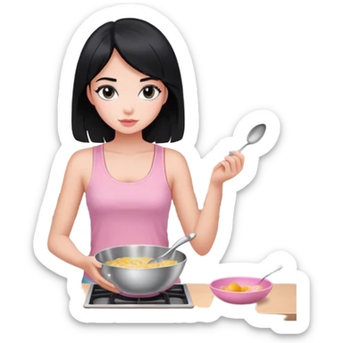 girl with black hair and black eyes white tone skin wearing pink pastel tanktop, and holding a silver bowl cooking or mixing something sticker