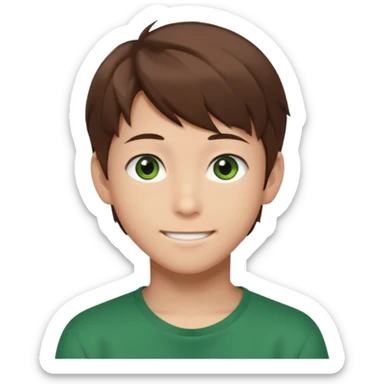 Discord emoji. the face of an Anime asian style teen boy with brown hair, green eyes, looking smiling slightly sideways positioned. Face must be main filling of the frame.  128px sticker