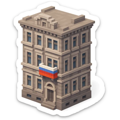 old Saint Petersburg building in voxel style, gray-brown tones, ornate facade, Russian flag draped over a balcony, isometric view sticker