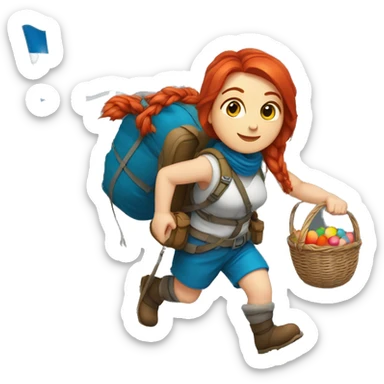 red hair female winter mountaineer climbing with Easter eggsbasket and Greek flag sticker