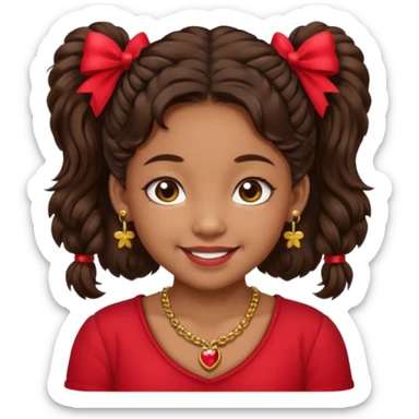 Brownskin girl dark brown hair fluffy. pigtails with red bows brown eyes smiling closed mouth red shirt gold esrrings gold necklace sticker