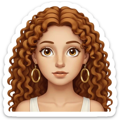Attractive Greek woman with a wide face, freckles, long curly amber-brown hair and gold hoop earrings sticker