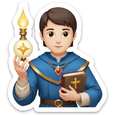 dnd cleric holding a holy book in one hand and having a ball of light in the other sticker