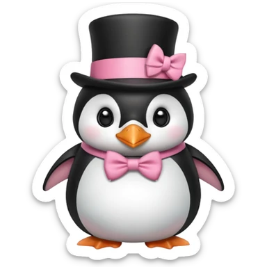 Create a penguin with a top hat and a cute pink bow on its stomach sticker