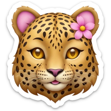 eyes closed, A leopard with peaceful smile, A pink flower with a yellow center is tucked behind its right ear
 sticker