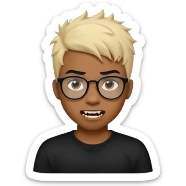 Black Male Teenager with Short punk messy blonde hair, Dark brown bushy eyebrows large expressive golden-brown eyes, wearing a plain white t-shirt, wearing thick black glasses, Dark Brown skin color. Showing off his vampire tooth sticker