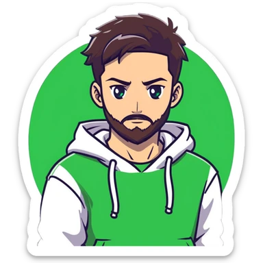 anime style man with short full beard, dark brown undercut hairstyle, white hoodie, and green eyes sticker