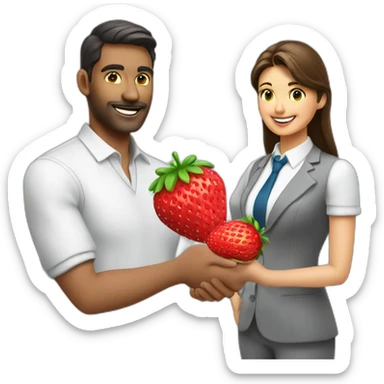 job applicant with recruiter holding a strawberry sticker