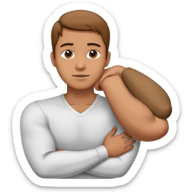 Man crossing arms holding neck sticker