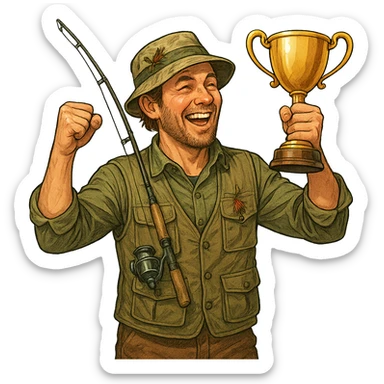 a male fisherman celebrating with a trophy cup, outdoors, happy sticker