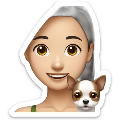 Asian Girl with brown hair white strands of hair and smiling and small black chiwawa  sticker
