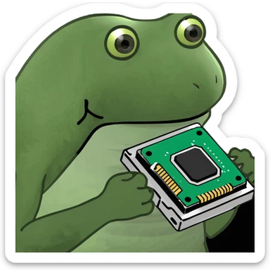 Bufo frog holding a CPU computer chip, meme style sticker