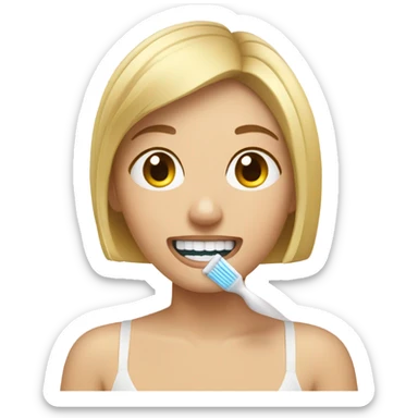 Blonde girl with short boy, cut brushing her teeth sticker