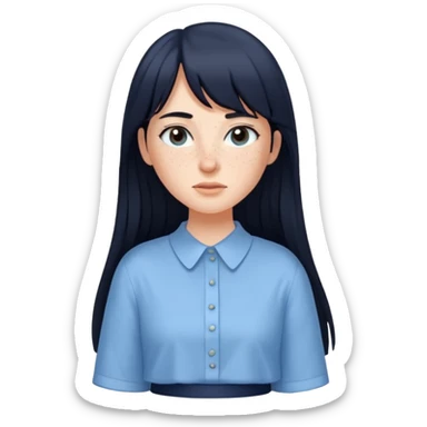 hair : black long hair with fringe 
skin : light with freckelt
cloth : oversize light blue shirt + navy long long skirt 
 sticker