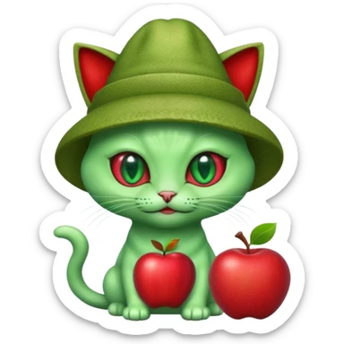 An alien cat with a red apple hat with cash all around it sticker