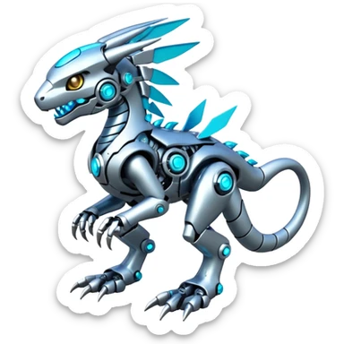 Futuristic mechanical cyborg modern badass cool shiny metallic alloy  white with glowing cyan-blue animal Digimon Fakémon hybrid full body with intricate patterns sticker
