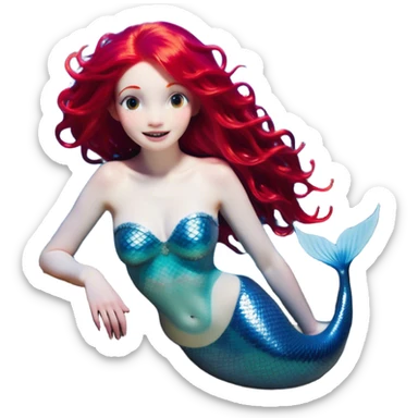 Cinematic Realistic Red Hair Mermaid Portrait, head tilted dramatically with an exaggeratedly amused expression, featuring a striking, vibrant form with meticulously detailed, flowing red hair and luminous porcelain skin. Her expressive eyes burst with playful marine mischief, rendered with dynamic underwater lighting and vibrant textures that convey an air of cheeky oceanic whimsy and over‐the‐top mermaid charm. sticker