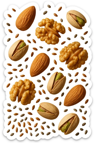 Mandorle, noci, pistacchi, semi di lino e di chia FLUTTUANO IN ARIA, IPERREALISTICO 4K sticker