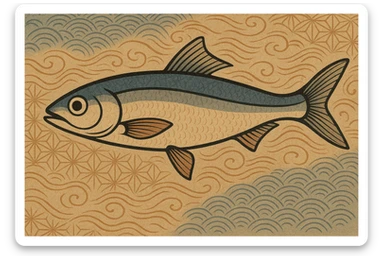 stylized hamsi anchovy fish in Japanese ukiyo-e art style, elegant and flowing sticker